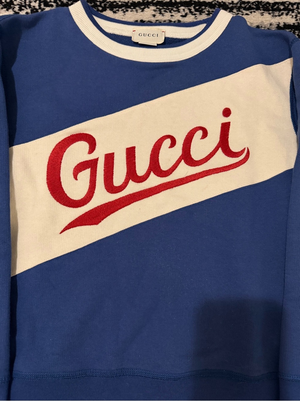 Gucci Blue and White Sweatshirt with Red Script Logo